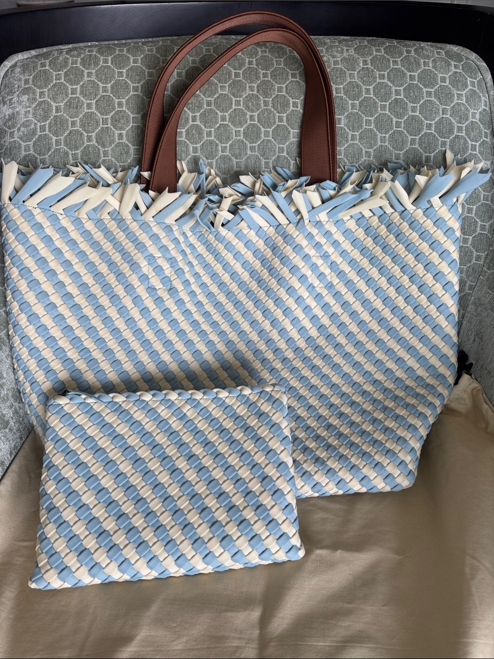 Naghedi Havana Large Tote Bag with Matching Pouch & Dust Bag - Blue & Cream EUC